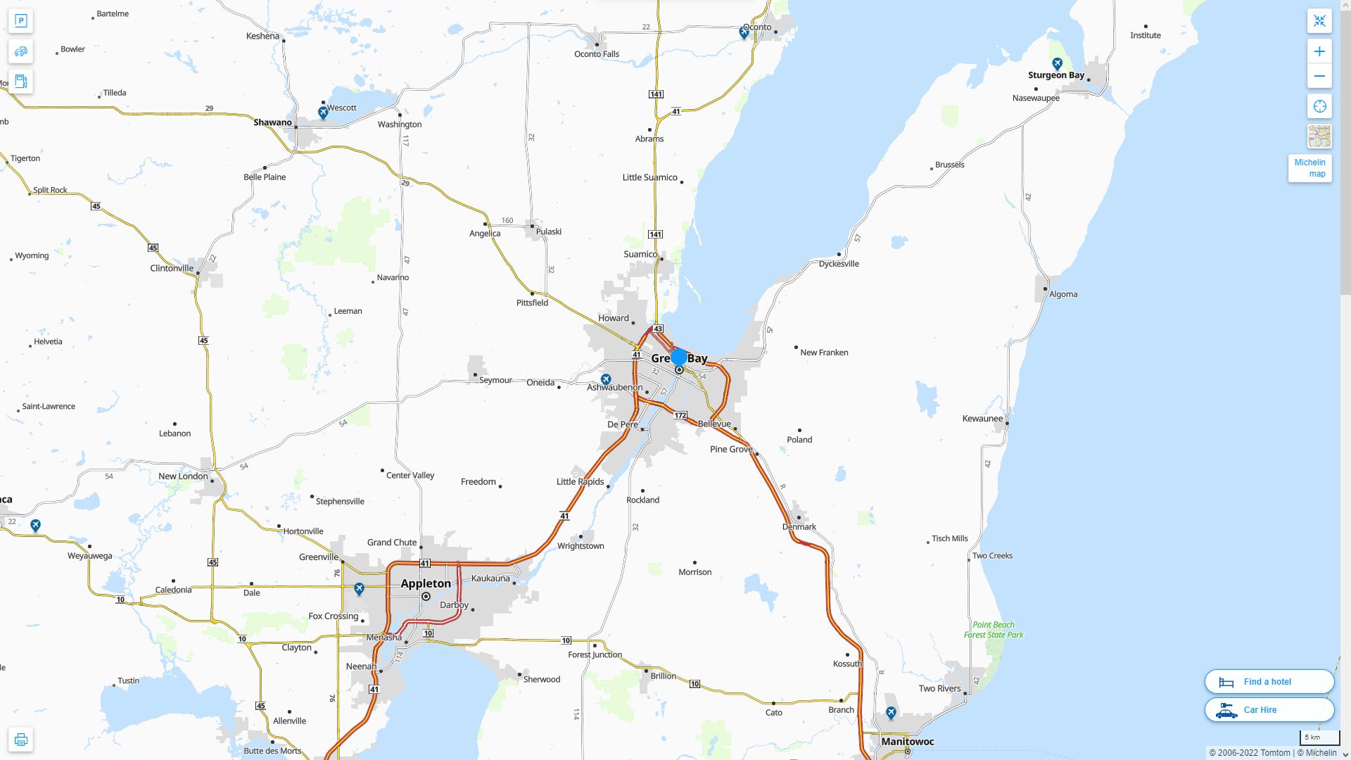Green Bay Wisconsin Highway and Road Map